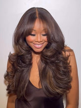 Glueless Chestnut Brown Colored Wigs Ready To Go Loose Body Wave Fluffy Curtain Bangs Human Hair Wig